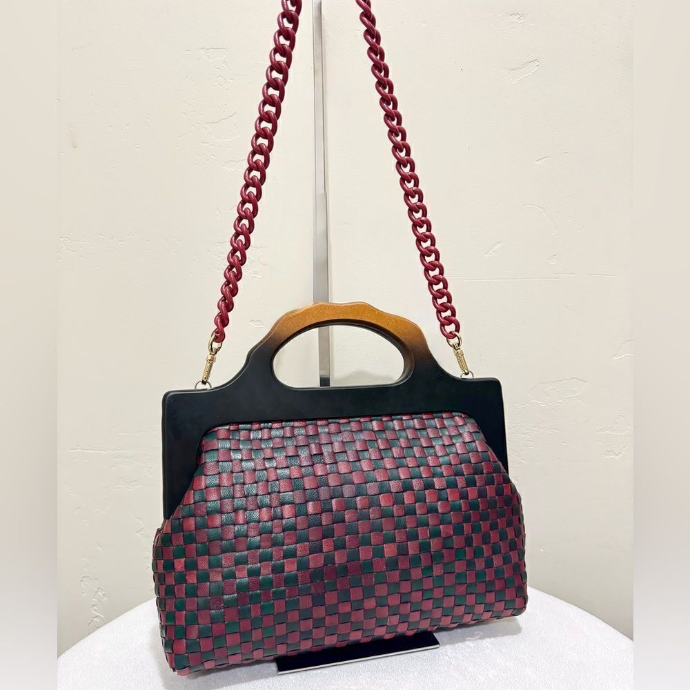 Colorblock Woven Cowhide Handmade Wooden Frame Top Handle Satchel, Crossbody Bag